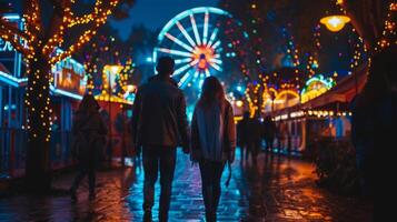 par gående genom en festlig natt karneval med färgrik lampor. man och kvinna i nöje parkera. romantisk kväll, Semester, festlig atmosfär, natt ut begrepp foto