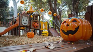 halloween-tema tömma lekplats med Pumpalykta dekoration i fokus. begrepp av halloween dekoration, barns lekplats, festlig atmosfär, höst foto