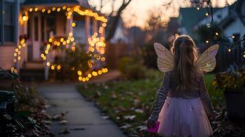 ung flicka i en fe- kostym på en dekorerad gata under halloween. barn klädd som fe. begrepp av Semester, kostymer, barndom glädje, festlig grannskap foto