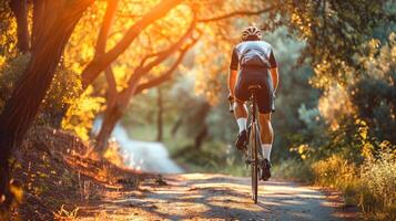 manlig cyklist ridning en cykel på en pittoresk skog väg under solnedgång. aktiva livsstil och utomhus- rekreation. begrepp av kondition, natur, äventyr, cykling foto