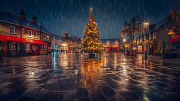 jul kväll i en dekorerad stad fyrkant. belyst jul träd omgiven förbi festlig lampor. begrepp av Semester atmosfär, festlig stad, jul lampor, vinter- natt foto