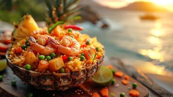 thai friterad ris med räkor eras i en ananas skål på en strand tabell. havet dining på solnedgång. begrepp av tropisk kök, romantisk middag, asiatisk kök, thai traditionell maträtt, kulinariska foto