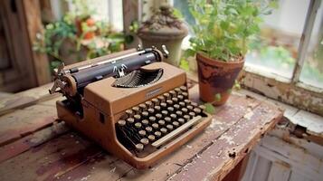 årgång skrivmaskin. gammaldags maskinskrivare maskin. begrepp av retro design, antik skrivande, nostalgisk teknologi foto