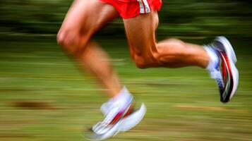 ben av löpare i rörelse med suddig bakgrund. idrottarens ben löpning. begrepp av sporter, fart, kondition, och atletisk prestanda foto