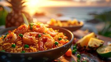 thai friterad ris med räkor eras i skål på strand tabell. havet dining på solnedgång. begrepp av tropisk kök, romantisk middag, asiatisk kök, thai traditionell maträtt, kulinariska. Plats för text foto