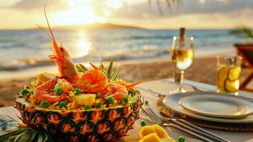 thai friterad ris med räkor eras i ananas skål på strand tabell. havet dining på solnedgång. begrepp av tropisk kök, romantisk middag, asiatisk kök, thai traditionell maträtt foto