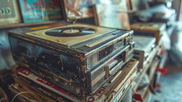årgång spela in spelare och vinyl samling i antik affär. begrepp av retro kassett tejp spelare, musik minnessaker, historisk ljudspår, och kulturell nostalgi foto