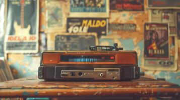 årgång radio på tabell mitt i retro musik posters och dekor. begrepp av retro kassett tejp spelare, musik minnessaker, historisk ljudspår, och kulturell nostalgi foto
