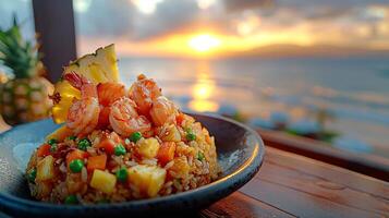 thai friterad ris med räkor eras i skål på strand tabell. havet dining på solnedgång. begrepp av tropisk kök, romantisk middag, asiatisk kök, thai traditionell maträtt, kulinariska. polis y Plats foto