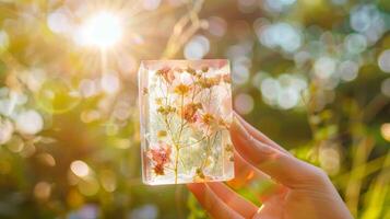 hand innehav en transparent handgjort tvål med blommor inbäddad, upplyst förbi solljus. begrepp av organisk skönhet, miljövänlig hudvård, och naturlig estetik. foto