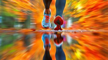 löpning skor på en vibrerande höst väg. gymnastikskor på en färgrik falla väg. kvinna joggning. begrepp av kondition, utomhus- träning, säsong- förändra, joggning, och hälsa foto