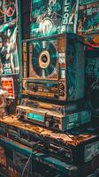 årgång jukebox och kassett spelare i retro musik affär. begrepp av retro kassett tejp spelare, musik minnessaker, historisk ljudspår, och kulturell nostalgi foto