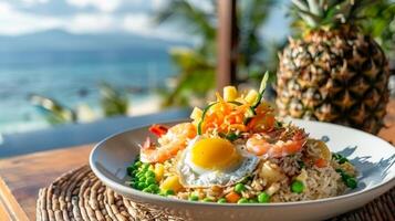 thai friterad ris med räkor eras i skål på strand tabell. havet dining på de hav. begrepp av tropisk kök, romantisk middag, asiatisk köket, traditionellt maträtt foto