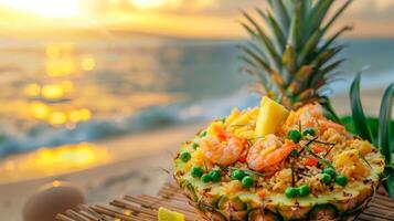 thai friterad ris med räkor eras i ananas skål på strand tabell. havet dining på solnedgång. begrepp av tropisk kök, romantisk middag, asiatisk kök, thai traditionell maträtt. kopia Plats foto