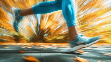 närbild av en ben i rörelse löpning genom höst löv. kvinna joggning. begrepp av kondition, utomhus- löpning, säsong- träning, höst aktivitet foto