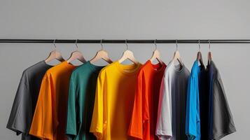 illustration av annorlunda färgad t-tröjor dö visade på galgar foto