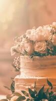 tre nivåer kaka med delikat vit blommor på topp, perfekt för en bröllop firande foto