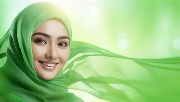 en skön indonesiska kvinna i en strömmande grön hijab, leende försiktigt, med en bokeh bakgrund foto
