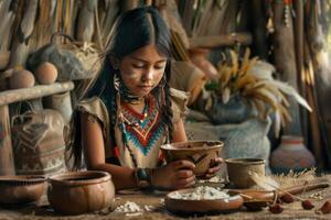 fattig inföding amerikan flicka håller på med henne hemuppgift. foto