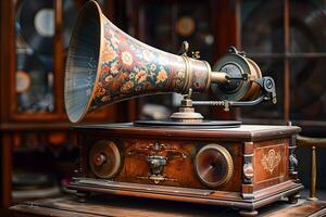 ett antik fonograf på en rustik tabell foto