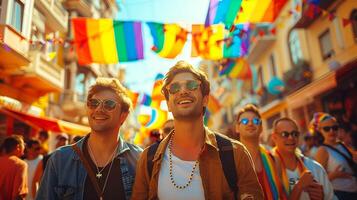 härlig skrattande caucasian manlig Gay par har roligt på de lgbtq tillsammans och regnbåge färgrik flaggor i fira stolthet mun parad. ai-genererad foto