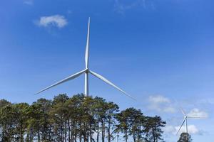 vindturbin landskap naturlig energi grön eko kraftkoncept på vindkraftverk gård blå himmel bakgrund.