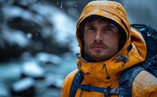 porträtt av man i gul jacka med ryggsäck i de bergen i vinter- foto