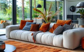 modern interiör design av levande rum med eleganta brun och orange Färg foto