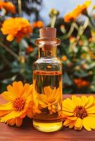 en flaska av calendula olja med färsk ringblomma blommor i de bakgrund foto