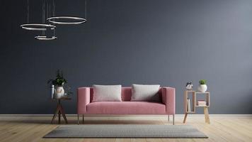 mock up vägg i modern inredning bakgrund har en rosa soffa på tom mörk vägg bakgrund. foto