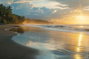 tropisk strand solnedgång med handflatan träd reflektioner foto