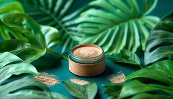 naturlig hudvård produkt i en trä- behållare omgiven förbi vibrerande grön löv, främja miljövänlig och organisk skönhet val. foto