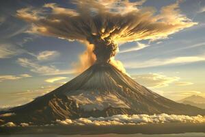 vulkanisk utbrott vulkan utbrott med rök aska gammal berg topp himmel täckt med ånga naturlig katastrof katastrof exploderande explosion nationell parkera lava foto