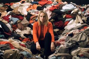 upprörd ung kvinna med massor av kläder i rum. snabb mode handelsvaror. foto