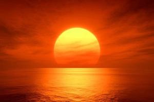 ljus solnedgång orange sol lugnt orange hav med sol genom naturen horisont över vattnet med en molnig himmel. foto