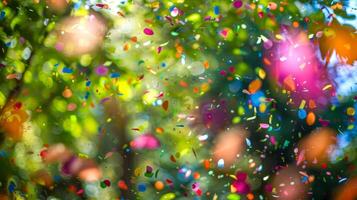 suddigt former av vibrerande konfetti dans i de luft på en trädgård även foto