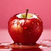 rött äpple med vatten släppa isolerat i röd bakgrund foto