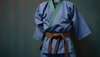 en blå karate kostym med brun bälte foto