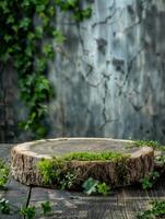 trä- podium från träd stubbe med mossa, mot betong vägg och murgröna. idealisk för produkt visa foto