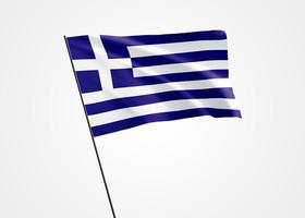 Greklands flagga vajar högt i den vita isolerade bakgrunden. 25 mars Greklands självständighetsdag. samling av världens nationella flagga samling av världens nationella flagga foto