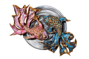 två dekorativa fiskar som en symbol för enhet av yin yang-energier, isolerad på en vit bakgrund. foto