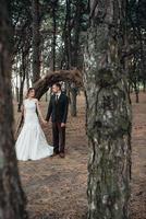 brudparets promenad genom höstskogen foto