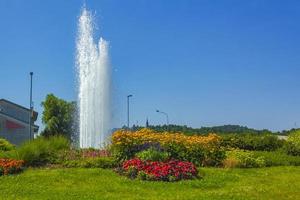 fontän och trädgårdar med blommor vid rondellen i Slovenien. foto