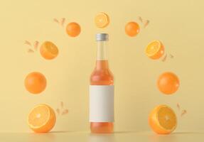 en flaska som används för att packa apelsinjuice med apelsiner. foto