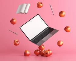 bärbar dator med äpple, penna och en bok på rosa bakgrund, 3d-stil.