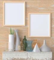 mock up av affischram i trägolv modern inredningsskiva på bordet i vardagsrummet isolerad på ljus bakgrund, 3d-rendering, 3d-illustration foto