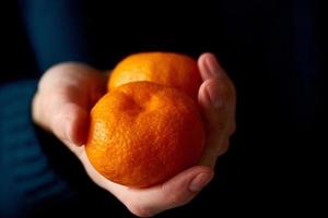 närbild av kvinnans hand som håller två hela ljusa citrusfruktmandariner på mörk bakgrund. foto