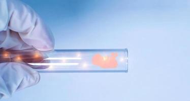medicinskt laboratorium. läkarens handskbeklädda hand håller ett provrör med ett mänskligt embryo. begreppet konstgjord insemination. delar av en bitmappsritning. foto