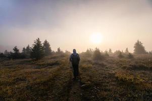 man resenär står med solen i dimmigt på spår i skogen foto