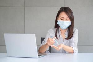 affärskvinna som bär mask och använder personlig desinfektionsmedel för att rengöra sin hand på kontoret för att hålla hygienen. förebyggande under perioden med epidemi från coronavirus eller covid19.